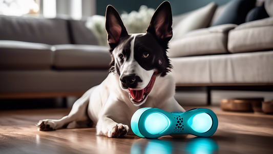 Create an image showcasing a high-tech, interactive dog toy called Wickedbone. The toy should be sleek and modern, made from durable materials, and feature lights or glowing elements indicating its sm