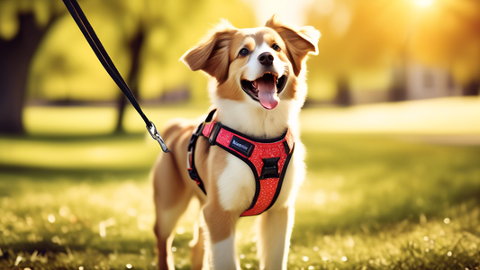 Create an image of a cheerful dog wearing a comfortable, well-fitted harness lead while walking in a sunny park. The harness should be adjustable, with padded straps, and the dog should look happy and