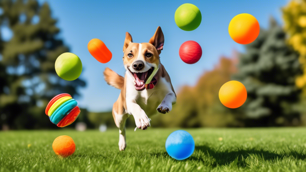 Create an image of an energetic dog leaping joyfully in mid-air with a variety of colorful, durable jumping dog toys scattered on a grassy lawn. The toys should include frisbees, balls, and squeaky to