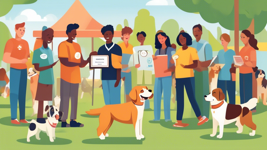 Create an image depicting a friendly, well-behaved dog receiving a certification badge in a community park setting. Background elements include a diverse group of dogs and their owners participating i