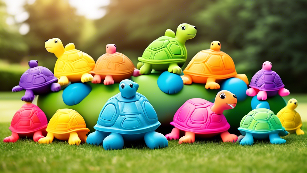 Create a vibrant image of a variety of turtle-shaped dog toys in different colors and sizes, displayed enticingly on a grassy lawn. The toys should include features such as squeakers, durable material