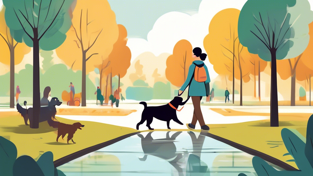 Create an illustration of a happy dog and its owner enjoying a walk in a scenic park. The dog is on an extendable lead, which allows it to explore further while the owner comfortably holds the handle.