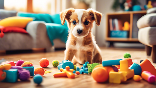 Create an image of an adorable, energetic puppy surrounded by a variety of engaging and colorful toys designed to combat boredom. Toys include interactive puzzle games, chew toys, plush animals, and f