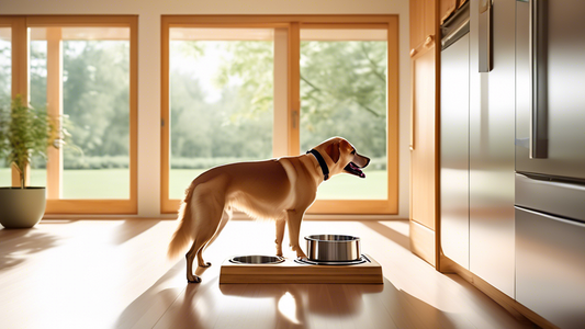 A beautifully designed modern kitchen featuring a sleek, ergonomic three-bowl dog feeder made of stainless steel and bamboo. The feeder is perfectly positioned on a non-slip mat, and a happy dog is en