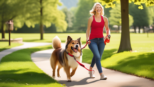 A happy dog walking confidently on a sunny day, holding a sturdy, high-quality Kong leash in its mouth. The setting is a beautiful park with lush green grass and trees. In the background, a smiling ow