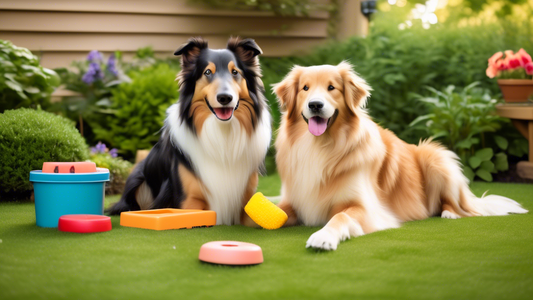A collie and a golden retriever happily playing in a beautifully landscaped backyard filled with high-quality dog supplies from Revival Dog Supplies. The scene includes a sturdy doghouse, a range of c