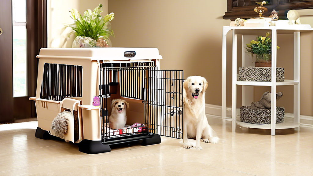 Create an image featuring a selection of high-quality dog crates designed for large breeds. The crates should vary in style, such as wire, plastic, and soft-sided, and be shown in a well-organized pet