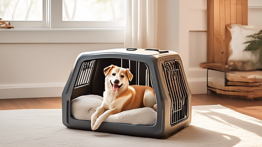 Create an image of a happy dog relaxing inside a cozy, well-designed dog crate house. The crate house should have a comfortable bed, a few chew toys, and a water bowl. Show the crate house in a warm, 