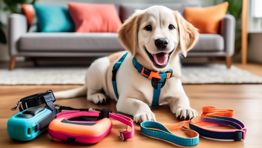 A vibrant and well-organized scene showcasing essential dog training gear for new pet owners, including a variety of colorful leashes, harnesses, collar, treat pouches, training clicker, chew toys, tr