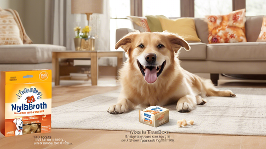 Create an image of a cheerful dog happily chewing on a Nylabone Broth Bone in a cozy living room setting. Show the packaging of Nylabone Broth Bones nearby, highlighting the words ‘Tasty Broth Flavor 