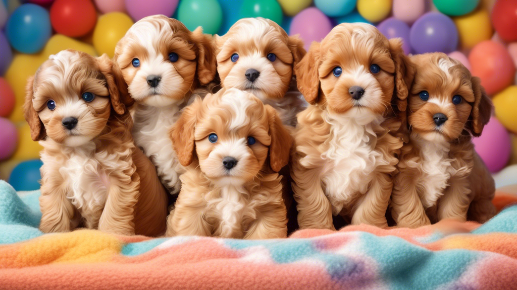 Create an image of an adorable litter of Cavapoo puppies, with a variety of coat colors and playful expressions. The puppies are sitting on a soft, cozy blanket in a bright and cheerful setting, surro