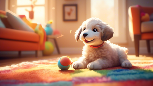A cute puppy joyfully playing with a lamb chop-shaped toy in a cozy living room. The room has soft, colorful furniture and a warm atmosphere with sunlight streaming through the windows. The puppy is f