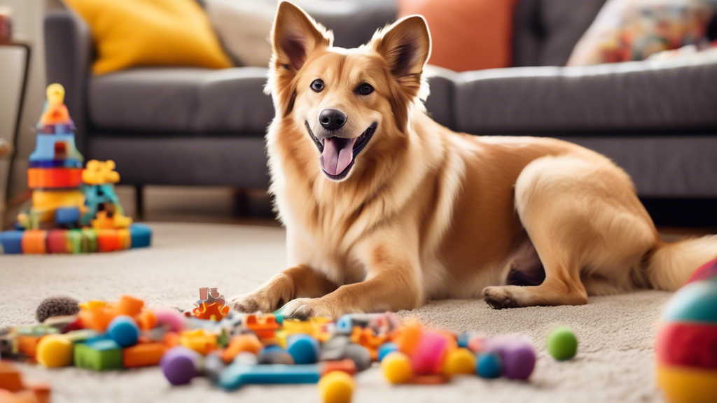 Create an image of a joyful dog in a cozy living room, surrounded by a variety of colorful and interactive enrichment toys such as puzzle feeders, chew toys, treat-dispensing balls, and snuffle mats. 