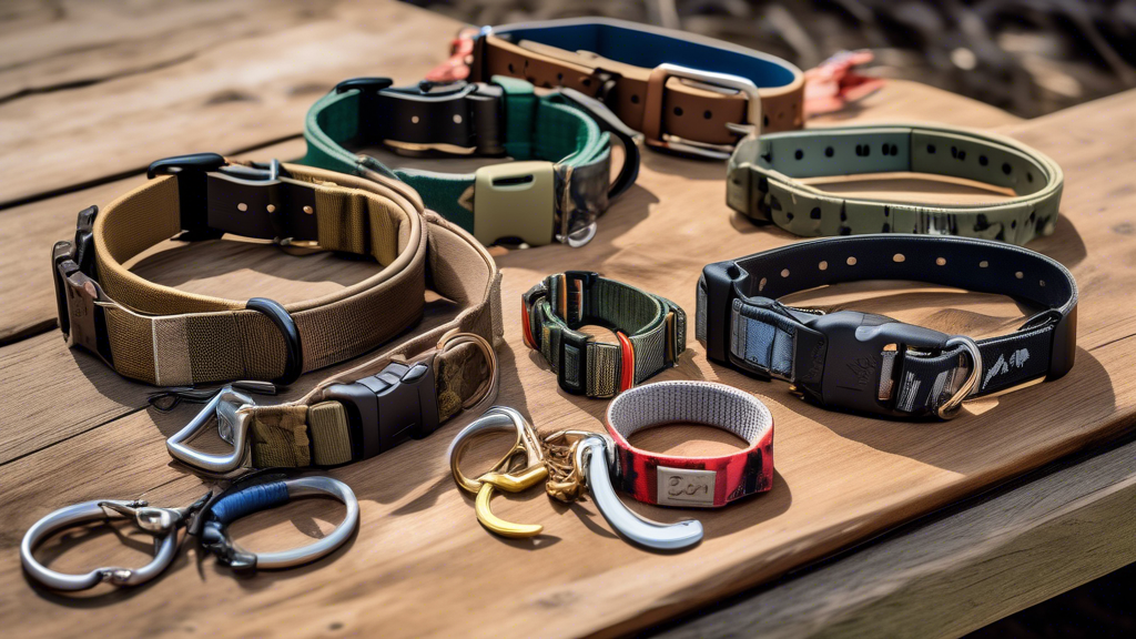 A detailed image of different types of gun dog collars designed for training and field work. The scene includes a variety of collars such as GPS tracking collars, bark control collars, and remote trai