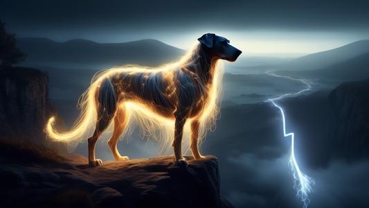 Create a detailed and dramatic illustration of a majestic, ethereal hound made of light, standing on a cliff's edge overlooking a dark, misty landscape. The hound glows brightly, casting rays of light
