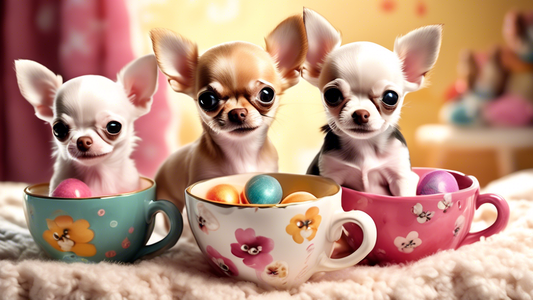 Create an image featuring tiny, adorable Teacup Chihuahua puppies in a cozy, whimsical setting. They're nestled in colorful teacups surrounded by soft blankets and playful puppy toys. The background i