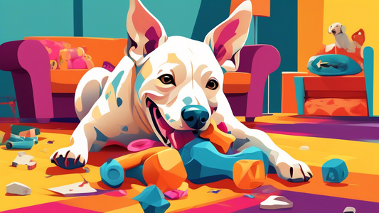 Create an image of a happy dog energetically chewing on a robust, brightly-colored toy from the Bullymake collection, surrounded by other durable, engaging toys designed for tough chewers. The backgro