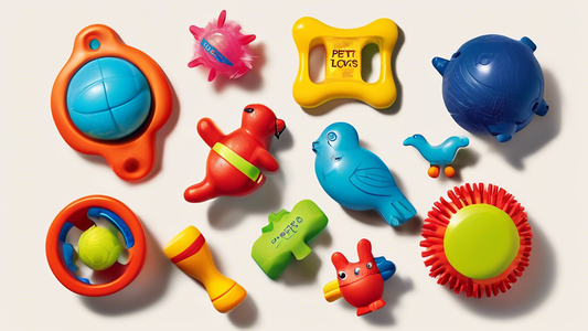 Create an image showcasing a variety of playful and colorful pet toys, including squeaky toys, chew toys, and interactive puzzle toys, all branded with Petco logos. There should be a mix of toys for d