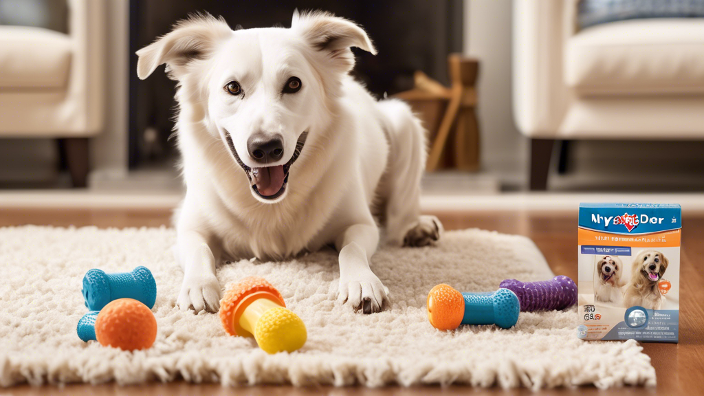 Create an image of a happy dog chewing on a Nylabone Dura Chew toy in a cozy living room setting. Add elements that highlight the benefits, such as healthy teeth sparkling and a playful demeanor. Incl