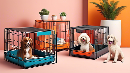 Create a vibrant and detailed image showcasing a selection of innovative and stylish dog crates. Each crate should have unique features such as modern designs, built-in comfort amenities, and varying 