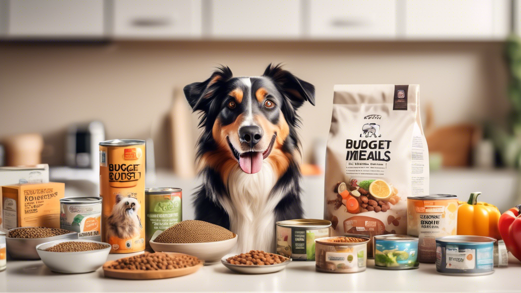 A cheerful scene of various affordable dog food options on a kitchen counter, including bags and cans of budget-friendly, nutritious meals. A happy, healthy dog with a wagging tail sits next to the co