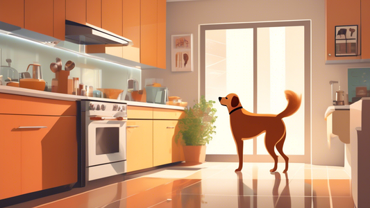 Create an illustration of a happy, well-groomed dog eagerly approaching a sophisticated automatic dog feeder in a modern, cozy kitchen. The scene should include a cheerful pet owner observing the dog 