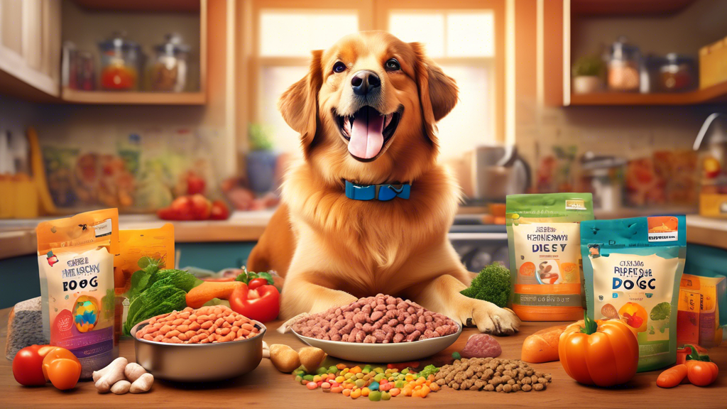 Create an image of a happy dog surrounded by various healthy and colorful chewy dog food options, each labeled with ingredients like chicken, beef, and vegetables, set in a cozy kitchen environment wi
