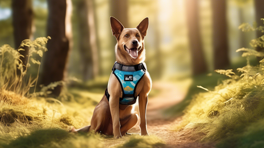 Create an image of a happy, energetic dog wearing a stylish and well-fitted Julius K9 harness, set against a scenic background such as a park or hiking trail. Include close-up details of the harness f