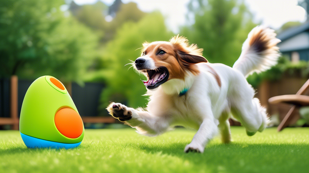 Create an image of a sleek, high-tech dog toy called SwiftPaws in action. The toy should be an interactive and dynamic device engaging an energetic, happy dog in a playful chase. Surround the scene wi
