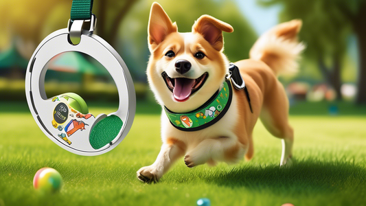 Create a detailed image that features a happy dog wearing a stylish collar with an AirTag holder attached. The setting is a sunny park with green grass and playful elements in the background like a fr