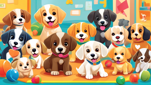 Create an adorable illustration of a diverse group of playful puppies attending a vibrant, fun-filled puppy kindergarten. Show them engaging in different activities like socializing, learning basic co