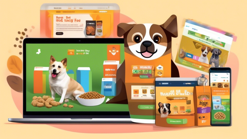 An image showcasing a variety of laptops and smartphones displaying top websites dedicated to buying dog food online. The scene features colorful and user-friendly interfaces of websites, with images 