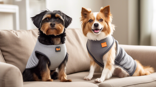 Create a heartwarming image of a small, anxious dog and a calm, content cat, both wearing a snug-fitting Chewy Thundershirt in a cozy living room setting. The dog should look more relaxed than before,