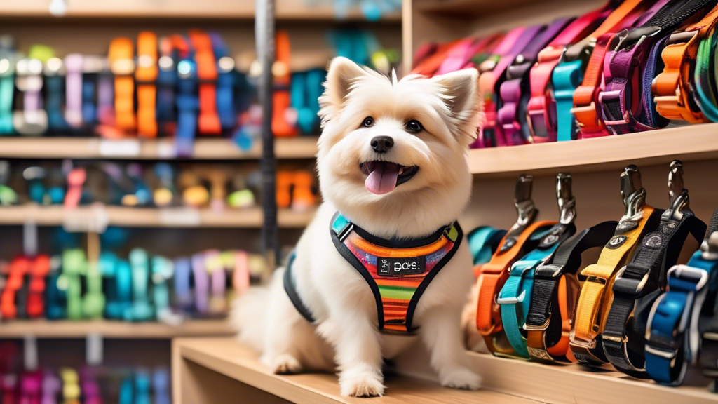 Create an image of an array of different dog harnesses displayed neatly on a retail shelf, each with unique designs and vibrant colors. In front of the shelf, a happy pet owner is kneeling to fit a co