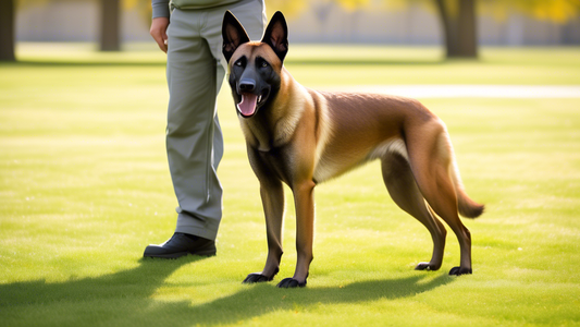 Create an image of a well-behaved Belgian Malinois being trained in a serene park setting. The scene should include an owner demonstrating key training techniques such as obedience commands, agility e