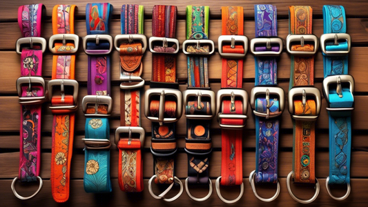 An aesthetically pleasing image of a variety of beautifully handcrafted dog harnesses displayed on a wooden table, each with unique designs, vibrant colors, and detailed stitching, with a laptop in th
