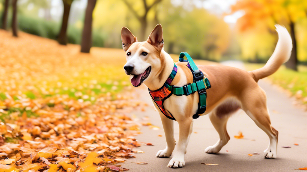Create an image of a cheerful dog wearing the 2 Hounds Freedom No-Pull Harness in a vibrant outdoors setting, such as a park with lush greenery or a colorful autumn trail. The dog should appear comfor