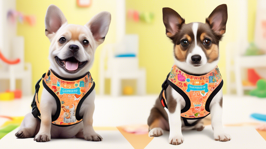 Create an image of a happy dog wearing a stylish, personalized harness that prominently features the dog's name. Surround the dog with various colorful harnesses showcasing different designs and names