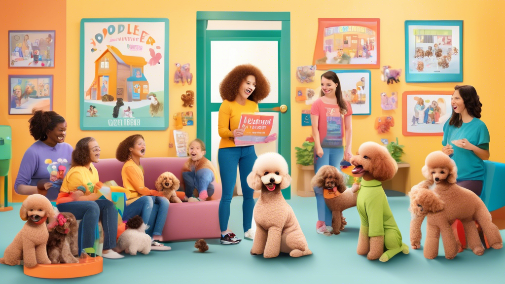 A heartwarming scene featuring a family meeting a toy poodle for the first time at a cozy animal adoption center. The room is filled with playful and happy poodles of various colors. The environment i