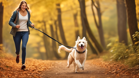 Create an image that showcases the benefits of using an extra long dog leash: a happy dog energetically running while safely attached to a long leash, a person standing relaxed enjoying the walk, and 