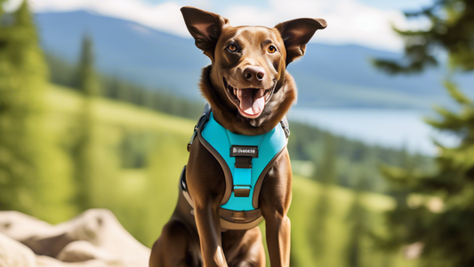 Create a vibrant image of a happy dog wearing a stylish and comfortable Ruffwear dog harness while on a sunny outdoor adventure. The dog should appear energetic and content, showcasing the harness's s