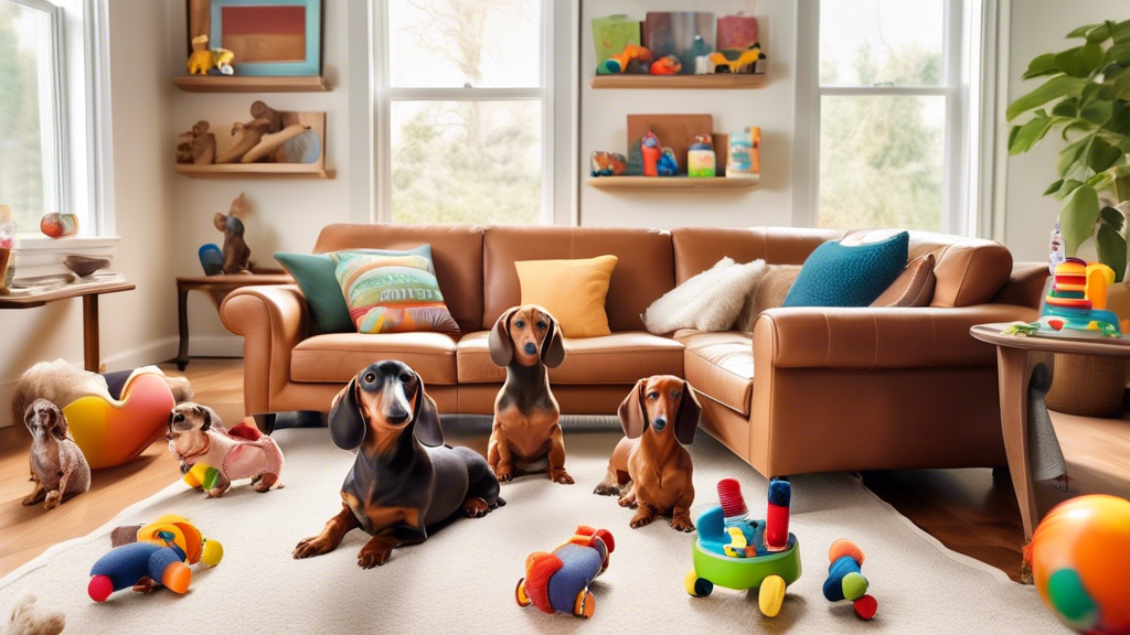 A cozy living room filled with adorable dachshunds joyfully playing with various top-rated toys designed for their happiness and health. Featured toys include interactive treat-dispensing puzzles, dur