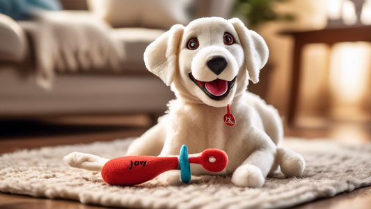 Create a vibrant image of a happy dog playing with a Lamb Chop dog toy in a cozy living room. The dog, a playful and energetic breed like a Labrador, is depicted mid-action, joyfully engaging with the
