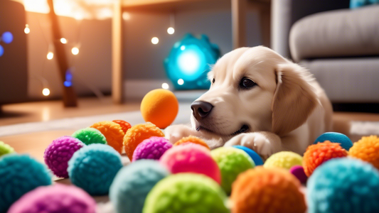 A high-tech, interactive scene featuring various types of dog toys in a playful environment. Show robotic balls that light up and move unpredictably, automated plush toys that wiggle and bark, and sma
