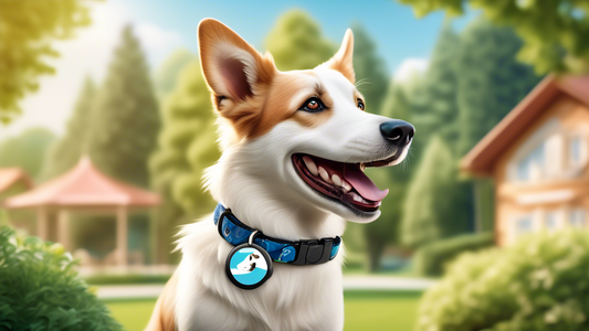 Create an image depicting a happy dog wearing a stylish collar equipped with an AirTag holder. The background features a beautiful park setting with lush greenery and a clear blue sky. Emphasize the s