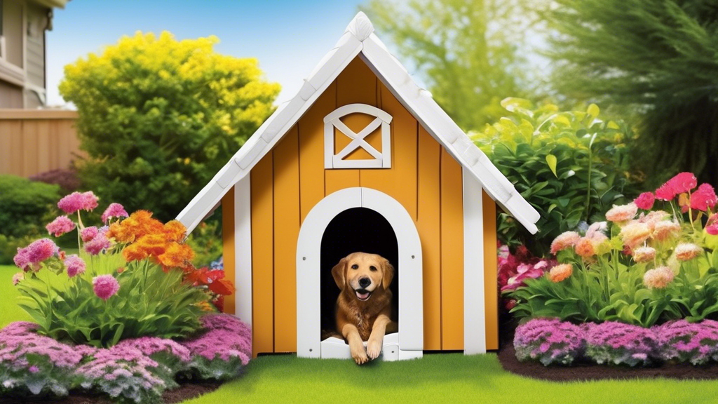 Create an image of a cozy and well-designed outdoor dog kennel with a happy dog inside, set in a beautifully landscaped backyard. The kennel should be sturdy and secure, featuring weatherproof materia