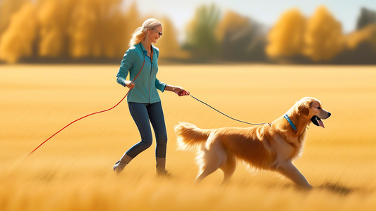 An experienced trainer demonstrating the use of a long check cord with a enthusiastic golden retriever in a sunny, open field, highlighting effective dog training techniques.