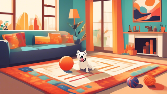 Create an image of a cozy living room with a playful dog joyfully chasing a vibrant, soft Chuckit Indoor Ball. Include elements like a comfy rug, a couch, and natural light streaming in through a wind