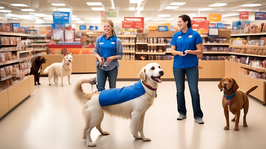 Create an inviting and informative scene at a PetSmart store, featuring a cheerful and professional dog trainer conducting a training class with a group of diverse dogs and their attentive owners. Inc