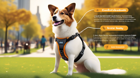 Create a detailed illustration of a happy dog wearing a JK9 harness while standing in a park. Display various sizes, colors, and features of the harness in the background like a catalog, with highligh